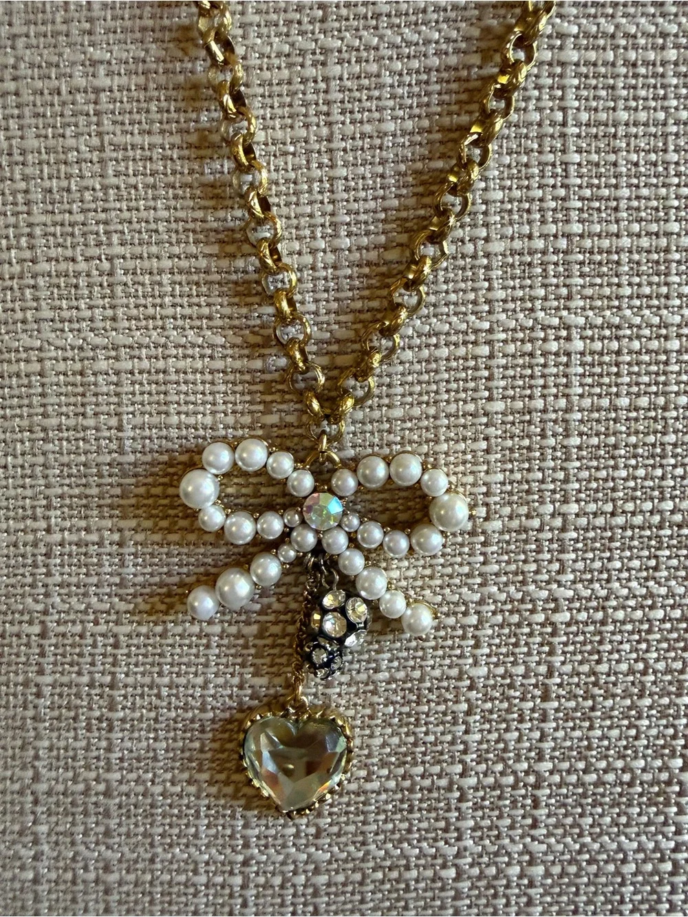 Betsey Johnson Gold-Tone Pearl Bow Necklace with Crystal Heart Pendant - Picture 1 of 8